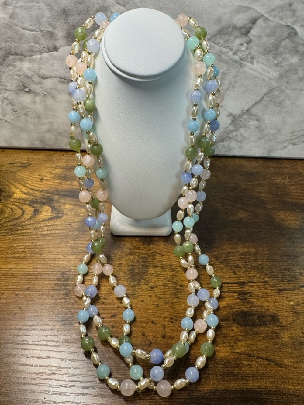 Vintage Triple Strand Pastel Bead Faux Pearl Necklace 30”